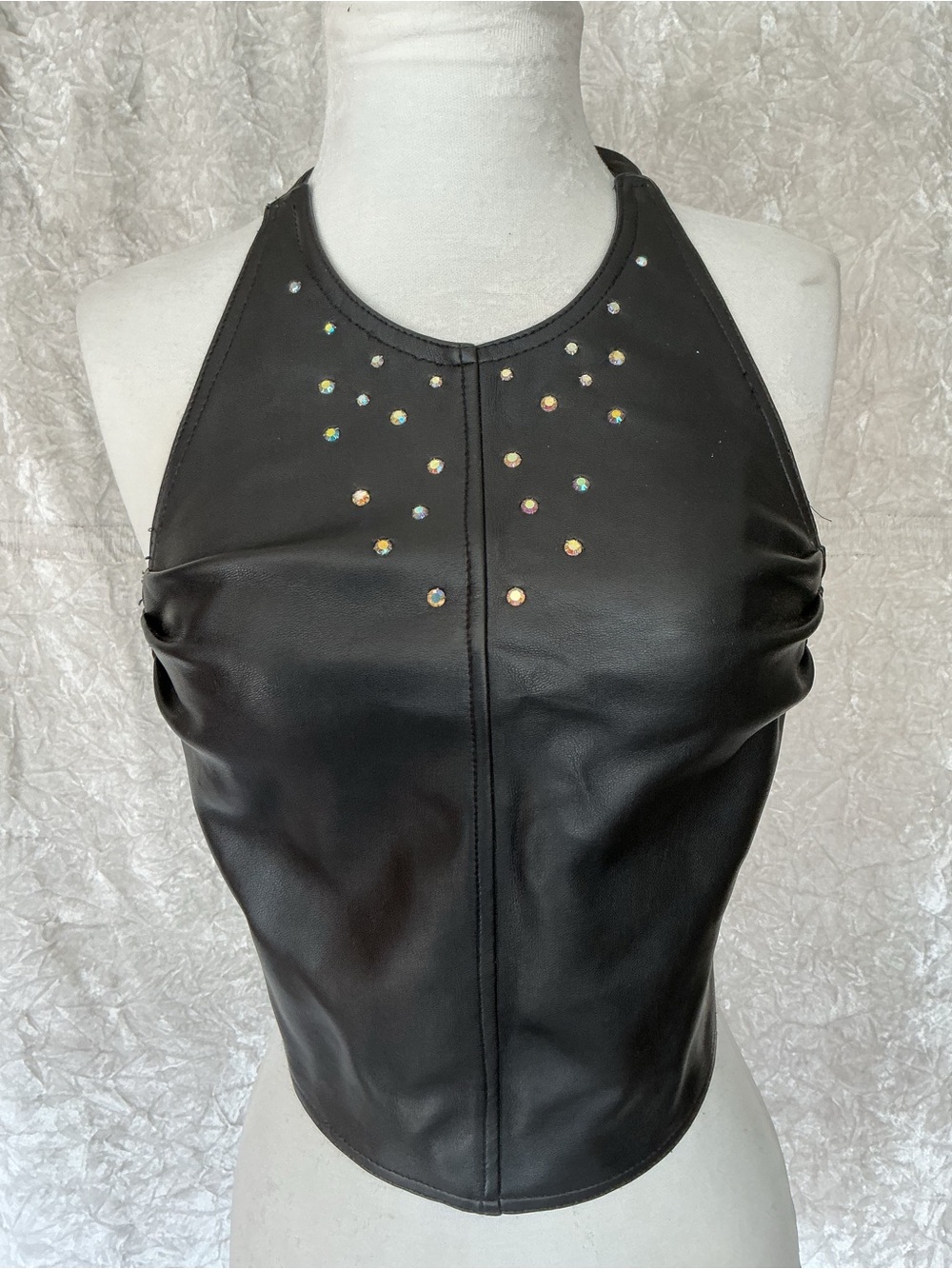 Y2K Faux Leather Rhinestone Halter Top Open Back Black S/M